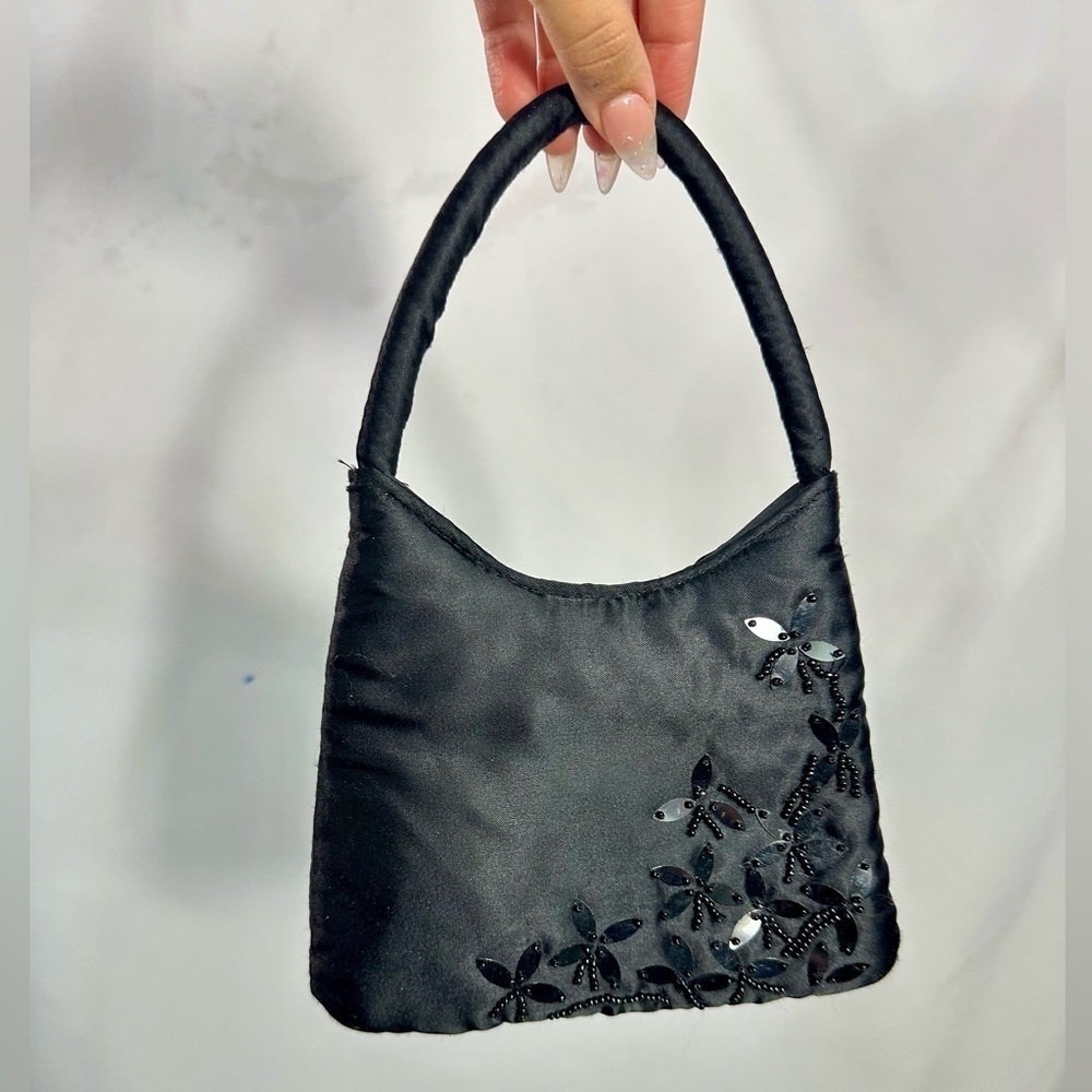 Y2K Sasha black beaded satin handbag